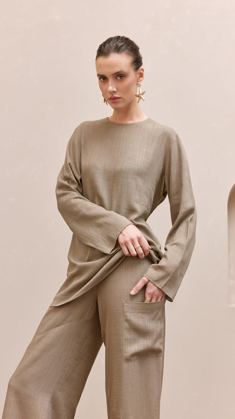 mika woman linen set brown 2